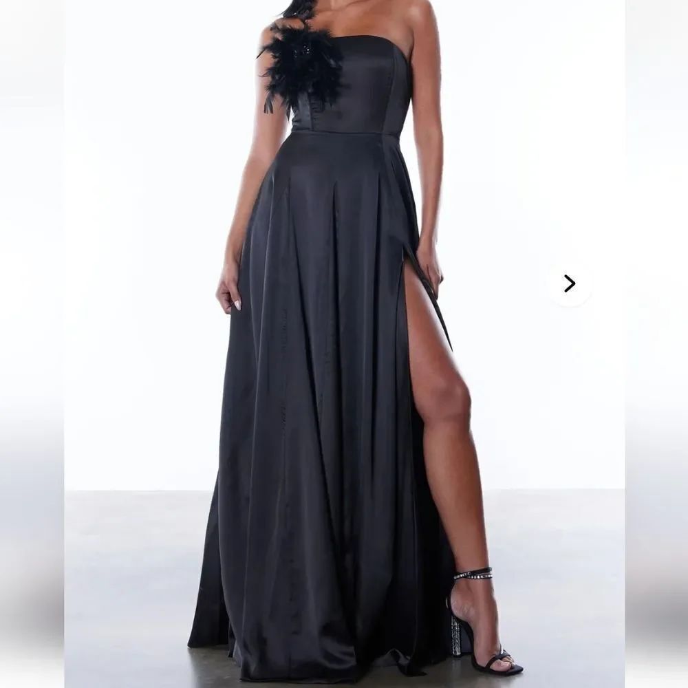 Elegant Black Evening Gown with Feather Detail